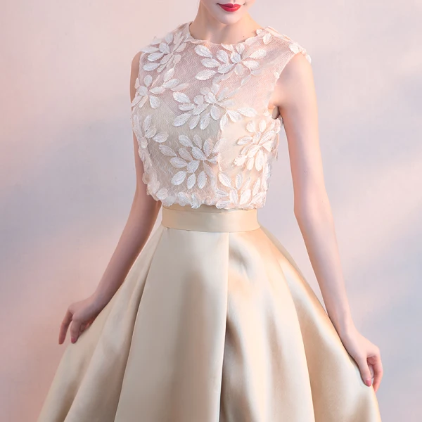 High Low 2 Piece Champagne See-through Cocktail Dresses 2018 A-Line / Princess Scoop Neck Sleeveless Appliques Lace Asymmetrical Ruffle Formal Dresses