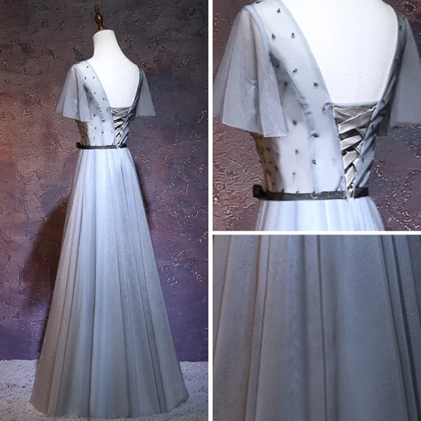 Chic / Beautiful Grey Evening Dresses  2018 A-Line / Princess V-Neck Short Sleeve Sash Beading Floor-Length / Long Ruffle Backless Formal Dresses