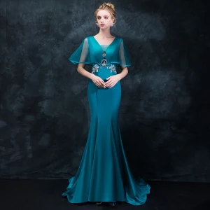 Élégant Bleu D 039 Encre Robe De Soirée 2018 Trompette Sirène V Cou Manches Courtes Faux Diamant Cristal Ceinture Train De Balayage Volants Dos Nu Robe De Ceremonie