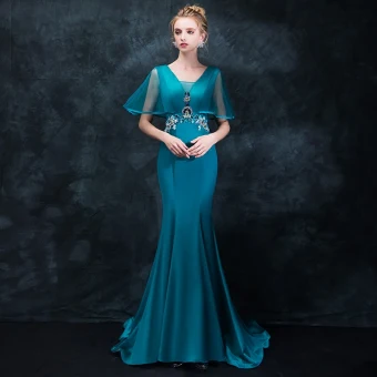 Élégant Bleu D 039 Encre Robe De Soirée 2018 Trompette Sirène V Cou Manches Courtes Faux Diamant Cristal Ceinture Train De Balayage Volants Dos Nu Robe De Ceremonie