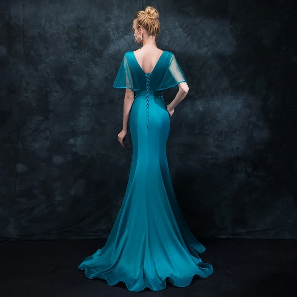 Elegante Tintenblau Abendkleider 2018 Mermaid V-Ausschnitt Kurze Ärmel Strass Kristall Stoffgürtel Sweep / Pinsel Zug Rüschen Rückenfreies Festliche Kleider