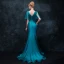 Elegante Tintenblau Abendkleider 2018 Mermaid V-Ausschnitt Kurze Ärmel Strass Kristall Stoffgürtel Sweep / Pinsel Zug Rüschen Rückenfreies Festliche Kleider