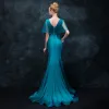 Elegant Ink Blue Evening Dresses  2018 Trumpet / Mermaid V-Neck Short Sleeve Rhinestone Crystal Sash Sweep Train Ruffle Backless Formal Dresses