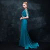 Elegant Ink Blue Evening Dresses  2018 Trumpet / Mermaid V-Neck Short Sleeve Rhinestone Crystal Sash Sweep Train Ruffle Backless Formal Dresses