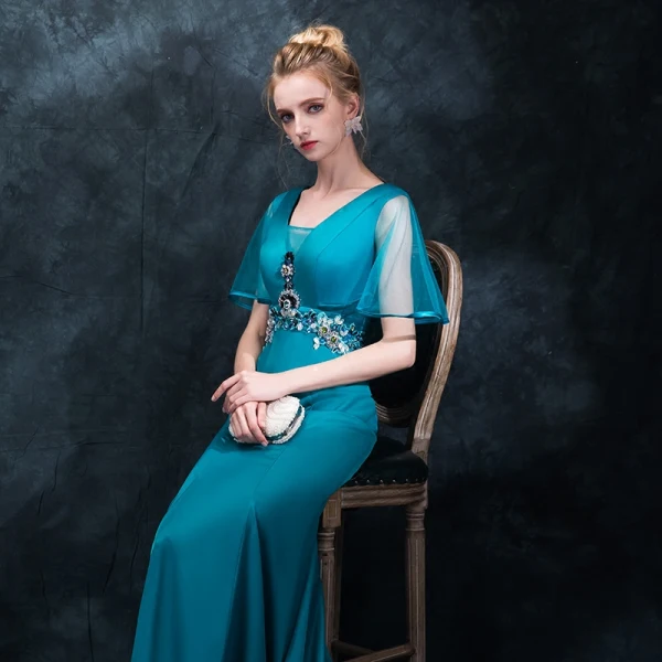 Elegante Tintenblau Abendkleider 2018 Mermaid V-Ausschnitt Kurze Ärmel Strass Kristall Stoffgürtel Sweep / Pinsel Zug Rüschen Rückenfreies Festliche Kleider