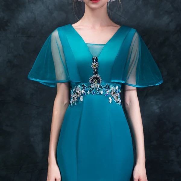 Elegante Tintenblau Abendkleider 2018 Mermaid V-Ausschnitt Kurze Ärmel Strass Kristall Stoffgürtel Sweep / Pinsel Zug Rüschen Rückenfreies Festliche Kleider