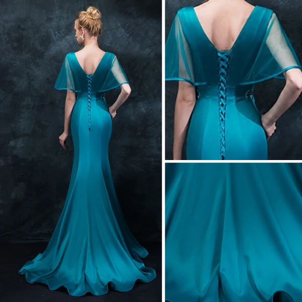 Elegante Tintenblau Abendkleider 2018 Mermaid V-Ausschnitt Kurze Ärmel Strass Kristall Stoffgürtel Sweep / Pinsel Zug Rüschen Rückenfreies Festliche Kleider