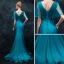 Elegante Tintenblau Abendkleider 2018 Mermaid V-Ausschnitt Kurze Ärmel Strass Kristall Stoffgürtel Sweep / Pinsel Zug Rüschen Rückenfreies Festliche Kleider