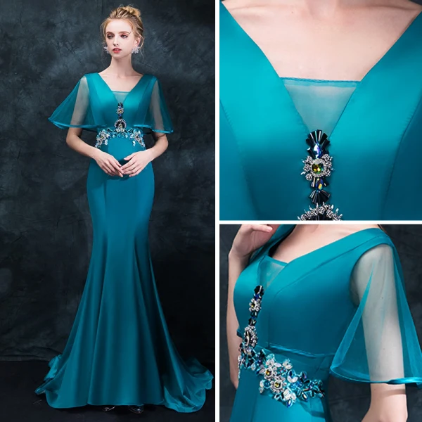 Elegante Tintenblau Abendkleider 2018 Mermaid V-Ausschnitt Kurze Ärmel Strass Kristall Stoffgürtel Sweep / Pinsel Zug Rüschen Rückenfreies Festliche Kleider
