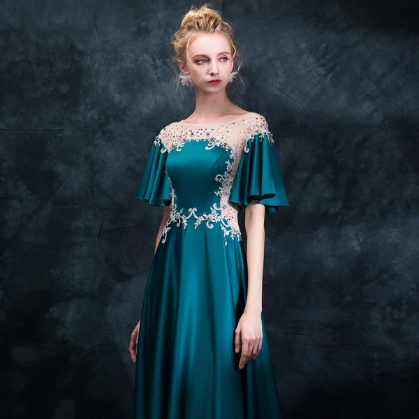 Elegant Ink Blue Pierced Evening Dresses 2018 Empire Scoop Neck Short Sleeve Appliques Lace Rhinestone Sweep Train Ruffle Backless Formal Dresses