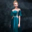 Elegant Ink Blue Pierced Evening Dresses  2018 Empire Scoop Neck Short Sleeve Appliques Lace Rhinestone Sweep Train Ruffle Backless Formal Dresses