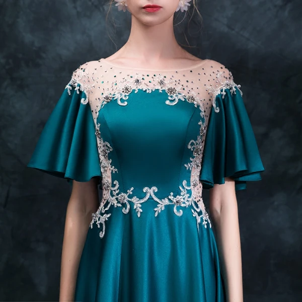 Elegant Ink Blue Pierced Evening Dresses 2018 Empire Scoop Neck Short Sleeve Appliques Lace Rhinestone Sweep Train Ruffle Backless Formal Dresses