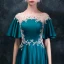 Elegant Ink Blue Pierced Evening Dresses  2018 Empire Scoop Neck Short Sleeve Appliques Lace Rhinestone Sweep Train Ruffle Backless Formal Dresses