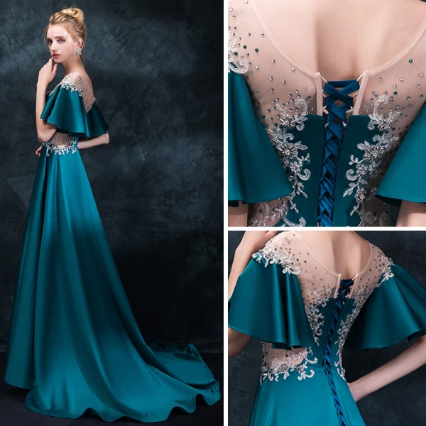 Elegant Ink Blue Pierced Evening Dresses 2018 Empire Scoop Neck Short Sleeve Appliques Lace Rhinestone Sweep Train Ruffle Backless Formal Dresses