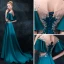 Elegant Ink Blue Pierced Evening Dresses  2018 Empire Scoop Neck Short Sleeve Appliques Lace Rhinestone Sweep Train Ruffle Backless Formal Dresses