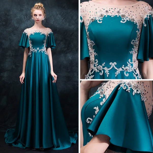 Elegant Ink Blue Pierced Evening Dresses 2018 Empire Scoop Neck Short Sleeve Appliques Lace Rhinestone Sweep Train Ruffle Backless Formal Dresses