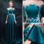 Elegant Ink Blue Pierced Evening Dresses  2018 Empire Scoop Neck Short Sleeve Appliques Lace Rhinestone Sweep Train Ruffle Backless Formal Dresses