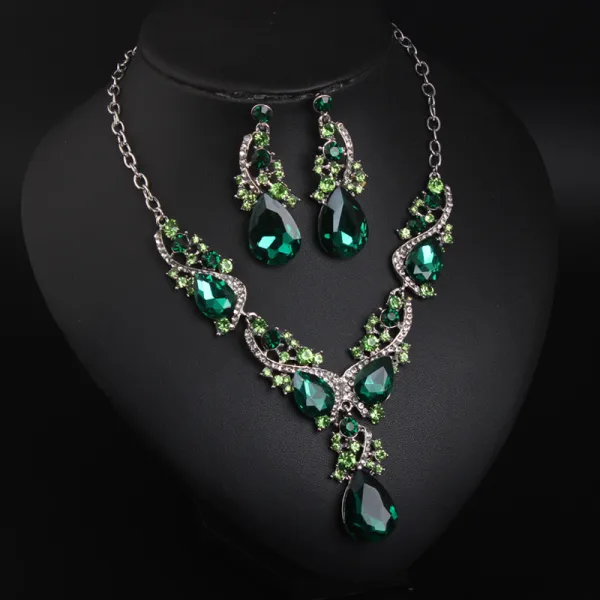 Sparkly Dark Green Crystal Evening Party Necklaces Earrings 2023 Alloy Accessories