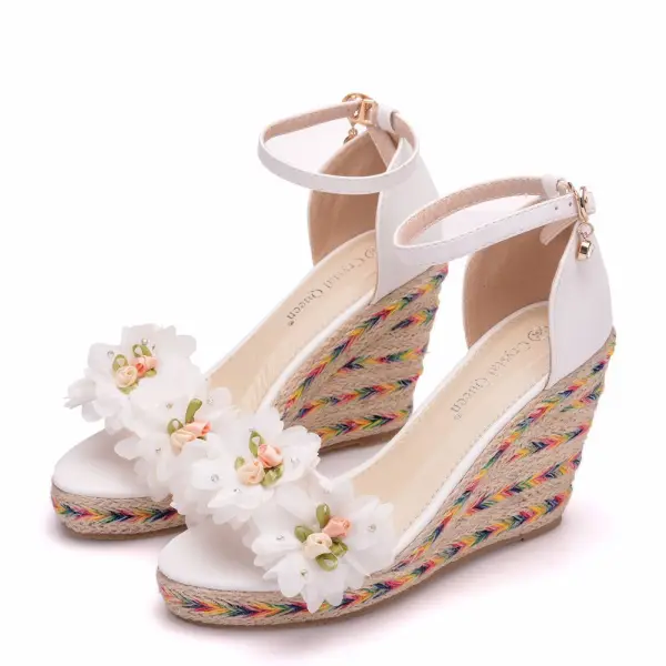 Schöne Weiß Ball Flechten Applikationen Sandalen Damen 2025 Knöchelriemen 9 cm Keilabsatz Peeptoes Sandaletten
