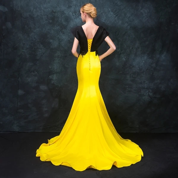 Modern / Fashion Black Yellow Evening Dresses 2018 Trumpet / Mermaid V-Neck Sleeveless Beading Court Train Backless Formal Dresses