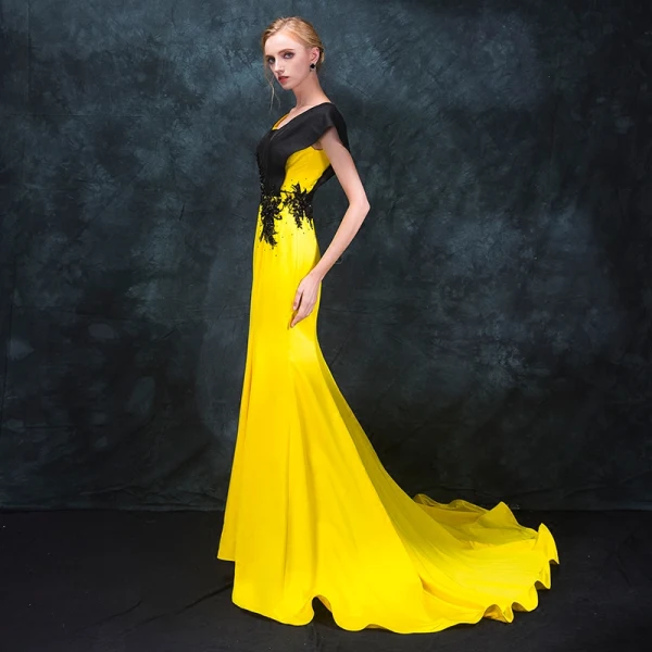 Modern / Fashion Black Yellow Evening Dresses 2018 Trumpet / Mermaid V-Neck Sleeveless Beading Court Train Backless Formal Dresses