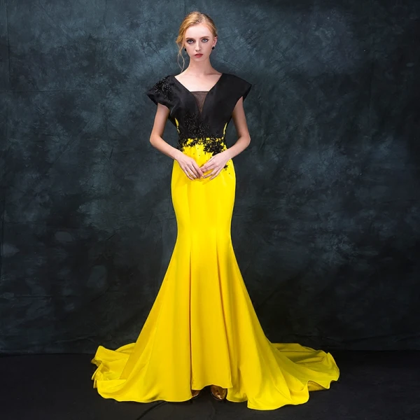 yellow and black dress for women Yellow Black Girl Prom Dress 2024 Halter Neck Satin with Slit – DCdress main image 0