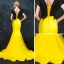 Modern / Fashion Black Yellow Evening Dresses  2018 Trumpet / Mermaid V-Neck Sleeveless Beading Court Train Backless Formal Dresses