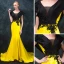 Modern / Fashion Black Yellow Evening Dresses  2018 Trumpet / Mermaid V-Neck Sleeveless Beading Court Train Backless Formal Dresses