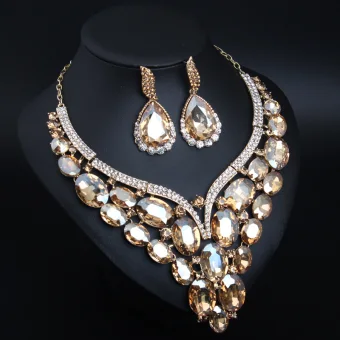 Sparkly Champagne Crystal Rhinestone Evening Party Earrings Necklaces 2023 Alloy