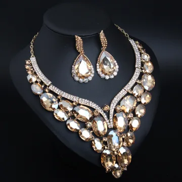 Glittrande Champagne Kristall Rhinestone Afton Örhängen Halsband 2023 Legering