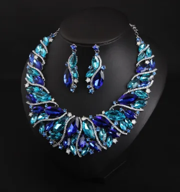Överdrivna Blå Kristall Rhinestone Afton Örhängen Halsband 2023 Legering