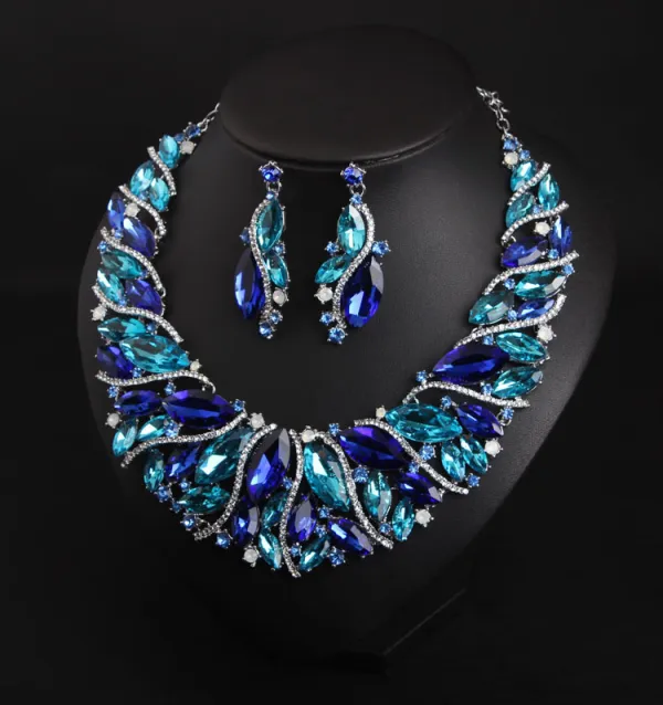 Exaggerated Pool Blue Crystal Rhinestone Evening Party Earrings Necklaces 2023 Alloy
