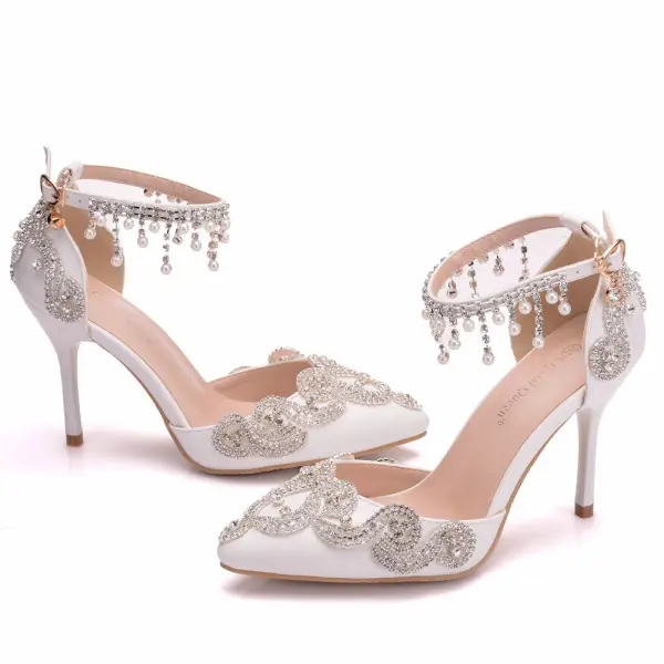 Fashion White Pearl Rhinestone Wedding Shoes 2022 Ankle Strap 9 cm Stiletto Heels Pointed Toe Wedding High Heels