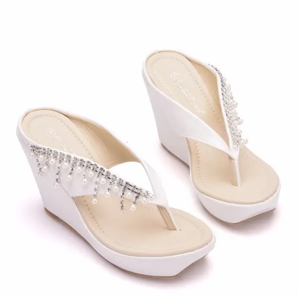 Chic / Beautiful White Pearl Rhinestone Tassel Beach Womens Sandals 2024 9 cm Wedges Open / Peep Toe Sandals