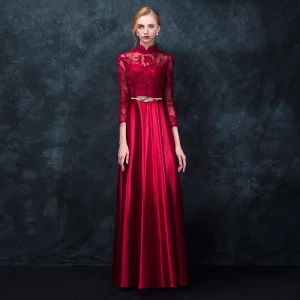 Style Chinois Rouge Robe De Soirée 2017 Princesse Col Haut 3 4 Manches Appliques En Dentelle Métal Ceinture Longue Robe De Ceremonie