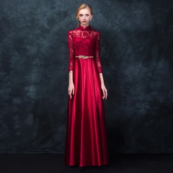 Style Chinois Rouge Robe De Soirée 2017 Princesse Col Haut 3 4 Manches Appliques En Dentelle Métal Ceinture Longue Robe De Ceremonie