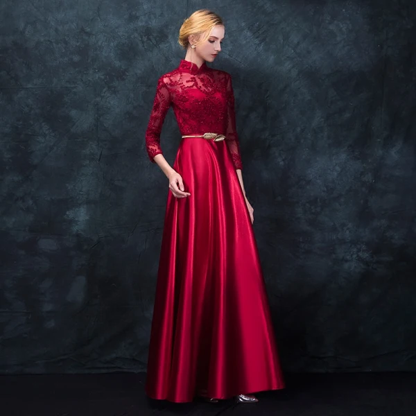 Chinese style Red Evening Dresses 2017 A-Line / Princess High Neck 3/4 Sleeve Appliques Lace Metal Sash Floor-Length / Long Formal Dresses