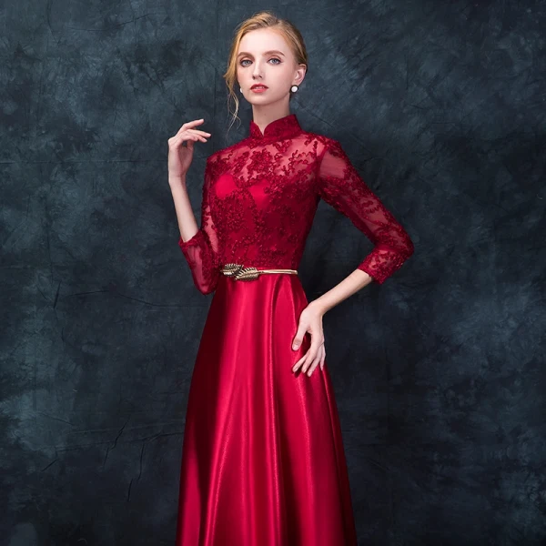 Chinese style Red Evening Dresses 2017 A-Line / Princess High Neck 3/4 Sleeve Appliques Lace Metal Sash Floor-Length / Long Formal Dresses