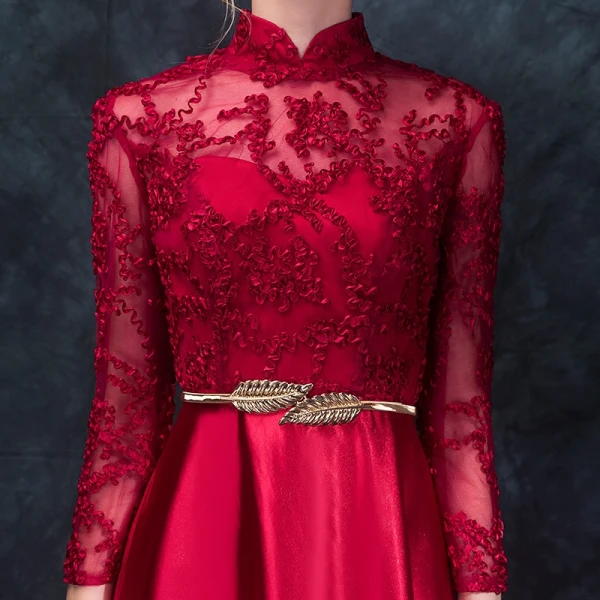 Chinese style Red Evening Dresses 2017 A-Line / Princess High Neck 3/4 Sleeve Appliques Lace Metal Sash Floor-Length / Long Formal Dresses