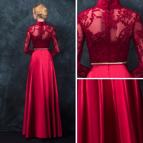 Chinese style Red Evening Dresses 2017 A-Line / Princess High Neck 3/4 Sleeve Appliques Lace Metal Sash Floor-Length / Long Formal Dresses