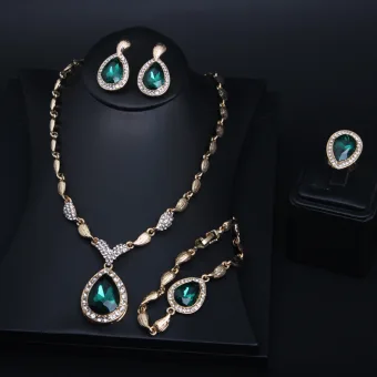Vintage Retro Dark Green Rhinestone Prom Earrings Necklace Necklaces 2023