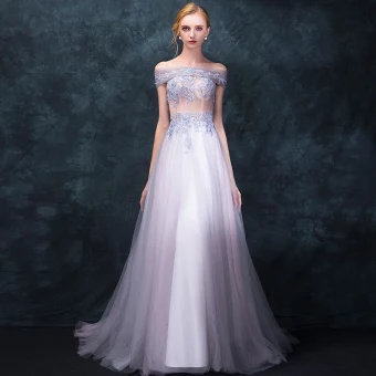 Elegant Silver Prom Dresses 2018 A Line Princess Off The Shoulder Short Sleeve Appliques Lace Sweep Train Ruffle Backless Formal Dresses