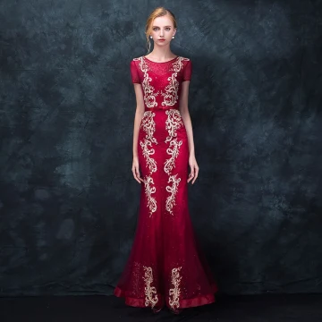 Chic Beautiful Burgundy Evening Dresses 2018 Trumpet Mermaid Scoop Neck Short Sleeve Appliques Lace Bow Sash Floor Length Long Ruffle Formal Dresses