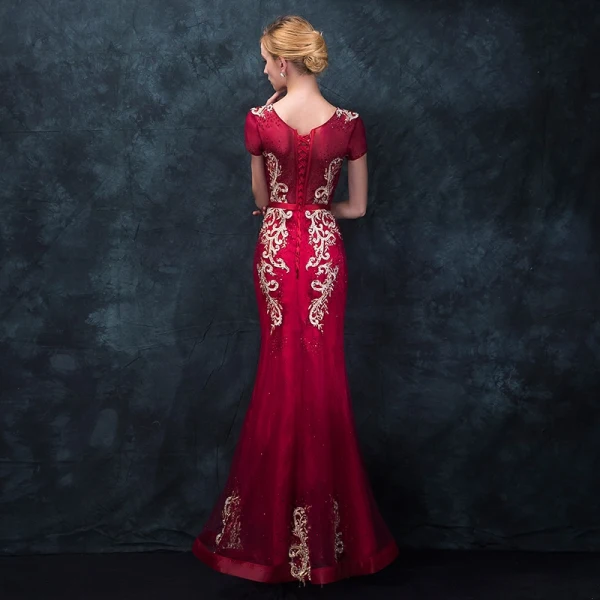 Chic / Beautiful Burgundy Evening Dresses 2018 Trumpet / Mermaid Scoop Neck Short Sleeve Appliques Lace Bow Sash Floor-Length / Long Ruffle Formal Dresses
