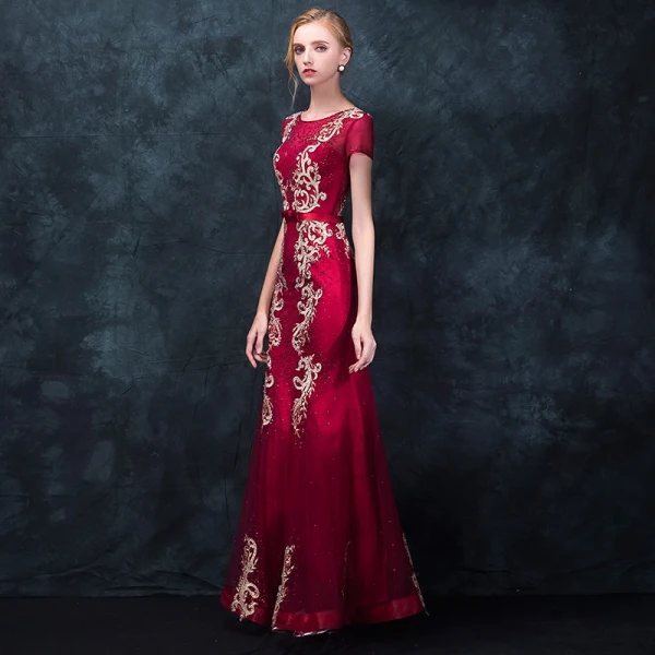 Chic / Beautiful Burgundy Evening Dresses 2018 Trumpet / Mermaid Scoop Neck Short Sleeve Appliques Lace Bow Sash Floor-Length / Long Ruffle Formal Dresses