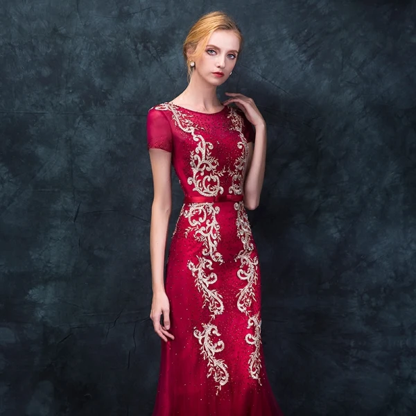 Chic / Beautiful Burgundy Evening Dresses 2018 Trumpet / Mermaid Scoop Neck Short Sleeve Appliques Lace Bow Sash Floor-Length / Long Ruffle Formal Dresses