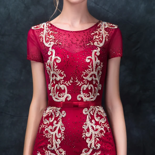Chic / Beautiful Burgundy Evening Dresses 2018 Trumpet / Mermaid Scoop Neck Short Sleeve Appliques Lace Bow Sash Floor-Length / Long Ruffle Formal Dresses
