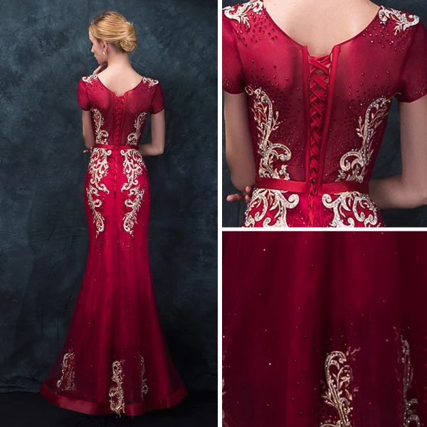 Chic / Beautiful Burgundy Evening Dresses 2018 Trumpet / Mermaid Scoop Neck Short Sleeve Appliques Lace Bow Sash Floor-Length / Long Ruffle Formal Dresses
