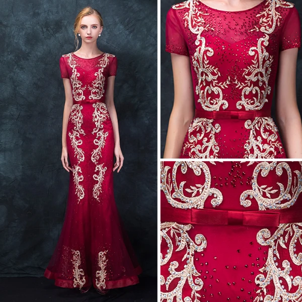 Chic / Beautiful Burgundy Evening Dresses 2018 Trumpet / Mermaid Scoop Neck Short Sleeve Appliques Lace Bow Sash Floor-Length / Long Ruffle Formal Dresses