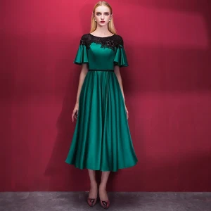 Chic Beautiful Dark Green Homecoming Graduation Dresses 2018 A Line Princess Scoop Neck Short Sleeve Appliques Lace Sash Tea Length Ruffle Formal Dresses